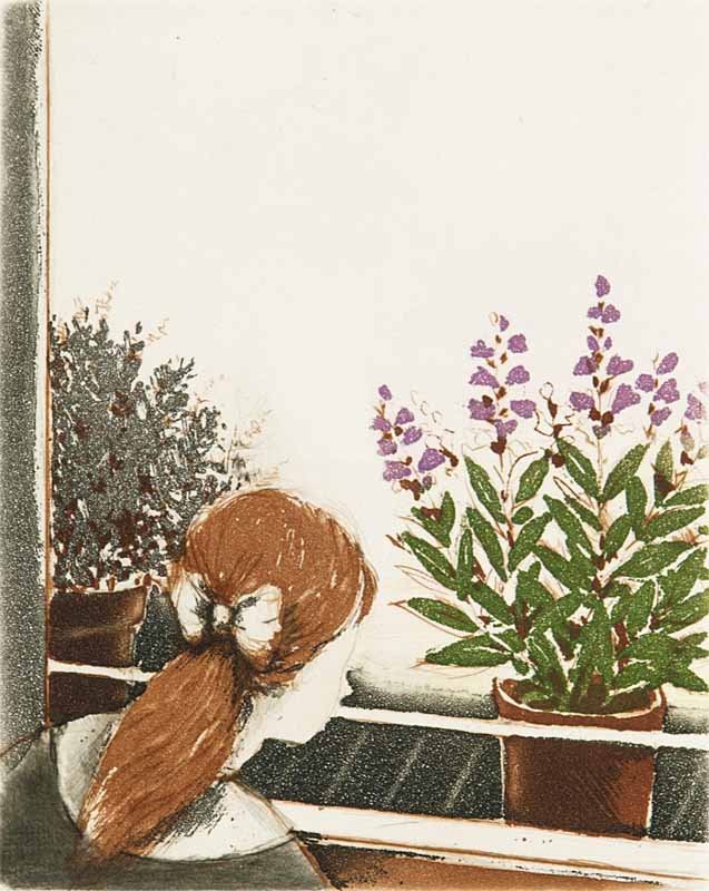 Antonini, Annapia Mappe mit 3 OFarbradierungen (Blumen-: Antonini, Annapia Mappe mit 3 OFarbradierungen (Blumen- und Gartenmotive) mit dunkelrotem Samtbezug. Mappe 24 x 29,5 cm, Blatt je ca. 13,5 x 10 cm. Edition Schnake. Eins von 150 Exemplaren. - Die Arbe