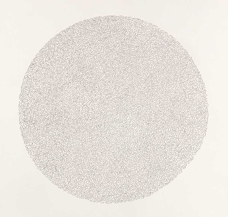 LeWitt, Sol Lines, not long, not heavy, not touching,: LeWitt, Sol Lines, not long, not heavy, not touching, drawn at random. 1970. Lithographie auf dünnem Karton. Ø 23,3 cm (44 x 31,9 cm). Signiert und nummeriert. Im Stein betitelt. In Folder innenlieg