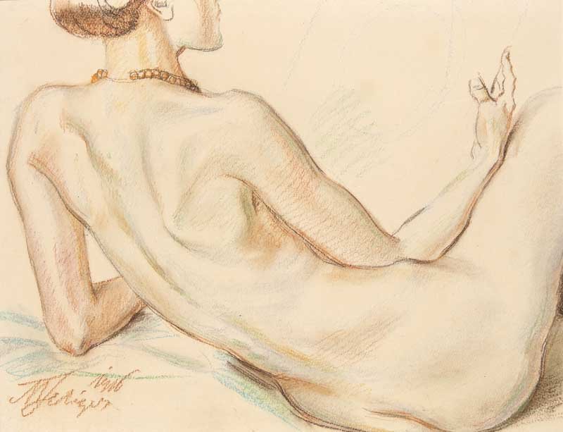 Seliger, Max Rückenakt einer liegenden Frau. 1916.: Seliger, Max Rückenakt einer liegenden Frau. 1916. Pastellkreiden über Graphit auf Karton. 27 x 36 cm. Signiert, datiert. - Unter Passepartout an der oberen Kante entlang montiert. Im Passepartout m