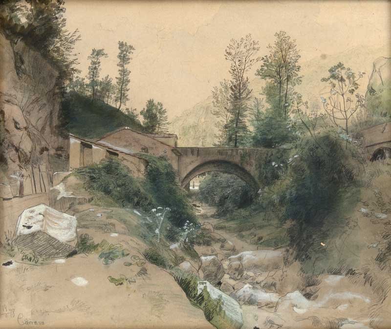 Schick, Rudolf (zugeschrieben) Carrara. 1878. Bleistift: Schick, Rudolf (zugeschrieben) Carrara. 1878. Bleistift und Aquarell auf Velin. 27 x 32,5 cm. Datiert und betitelt. - Auf Karton aufgezogen und unter Glas gerahmt. Graphite and water colours on vellum