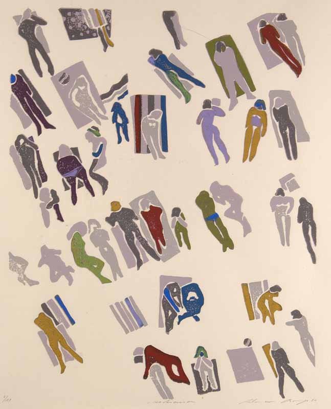 Berges, Werner Hochsaison. 1981. Farbholzschnitt auf Ha: Berges, Werner Hochsaison. 1981. Farbholzschnitt auf Hahnemühlebütten. 38 x 30 cm (78 x 53,5 cm). Signiert, datiert, nummeriert u. betitelt. - Am linken Rand sowie an den Ecken teils mit sehr schwac