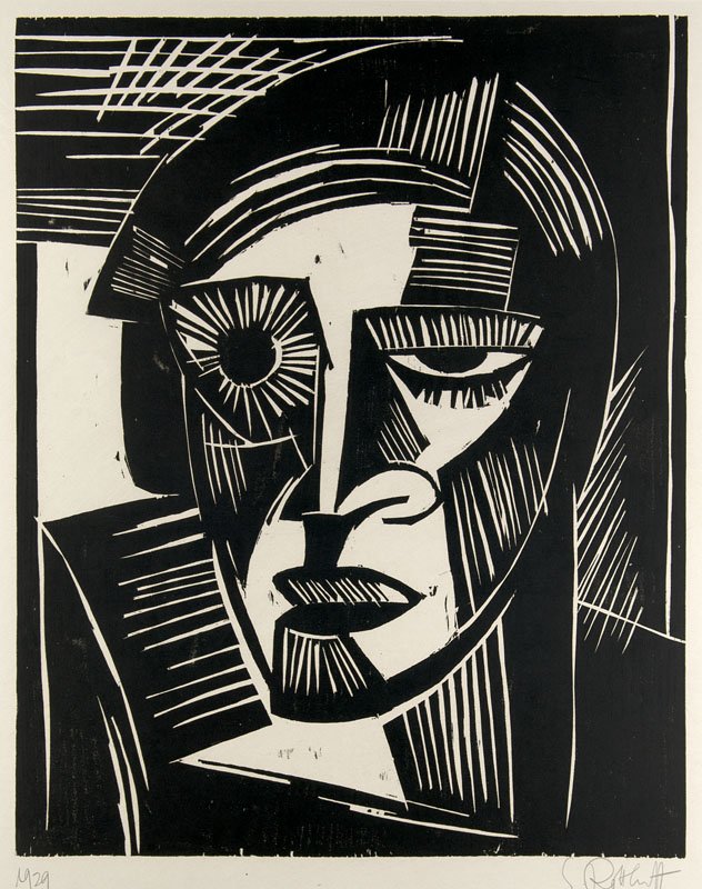 Schmidt-Rottluff, Karl Kopf. 1929. Holzschnitt auf: Kopf. 1929. Holzschnitt auf festem gräulichem Papier. 49,4 x 39,5 cm (70,5 x 56,5 cm). Signiert und datiert. - An der rechten Kante punktuell unter Passepartout montiert. Der volle weiße Rand teils 