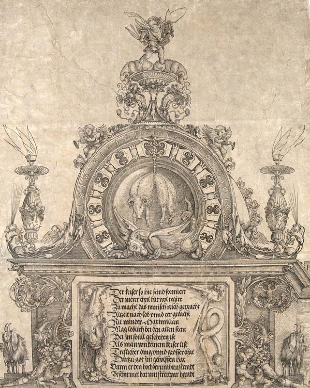 Dürer, Albrecht Die Ehrenpforte Kaiser Maximilians I.: Die Ehrenpforte Kaiser Maximilians I. Auch Triumphpforte genannt. Holzschnitt von H. Andreä nach A. Dürer aus der gleichnamigen Folge. Blattmaße ca. 57,5 x 46,5 cm. Woodcut. - Completely backed, br