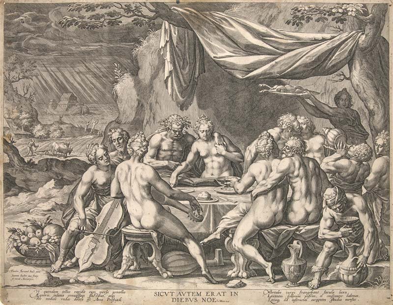 Sadeler, Johannes Die Menschheit vor der Sintflut.: Die Menschheit vor der Sintflut. Kupferstich nach Dirck Barendsz. Amsterdam, Th. Bernard, um 1580. Plattenmaße ca. 35 x 45,5 cm. Blattmaße ca. 35,5 x 46 cm. Punktuell auf dünnen Karton montiert (Kt