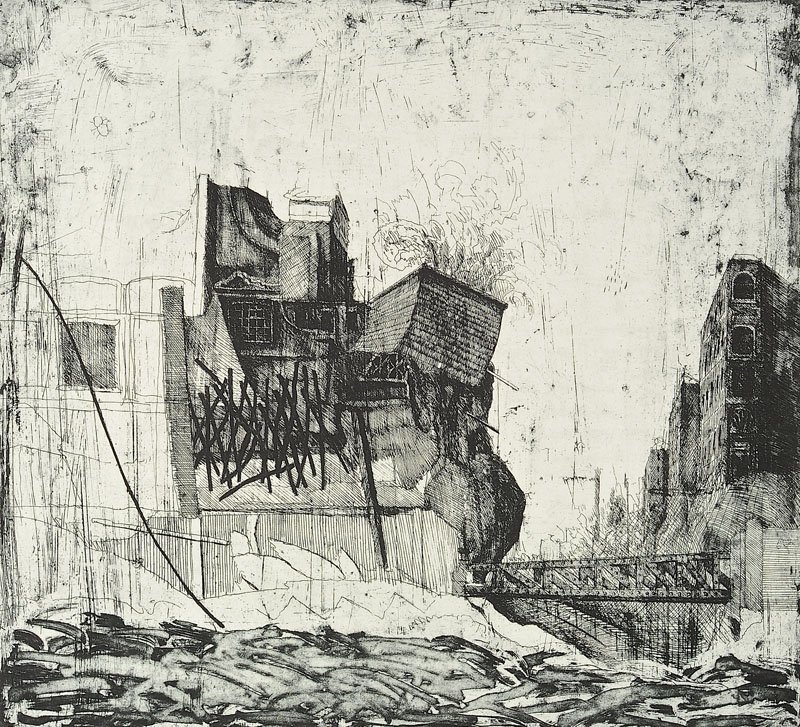 Ackermann, Peter Eisenbahnbrücke I. 1973. Radierung: Ackermann, Peter Eisenbahnbrücke I. 1973. Radierung auf festem Bütten. 44,5 x 49 cm (85,5 x 65,5 cm). Signiert, datiert und nummeriert. - Am rechten Rand mit zwei kleinen Knickspuren. Krimmel, 279. 