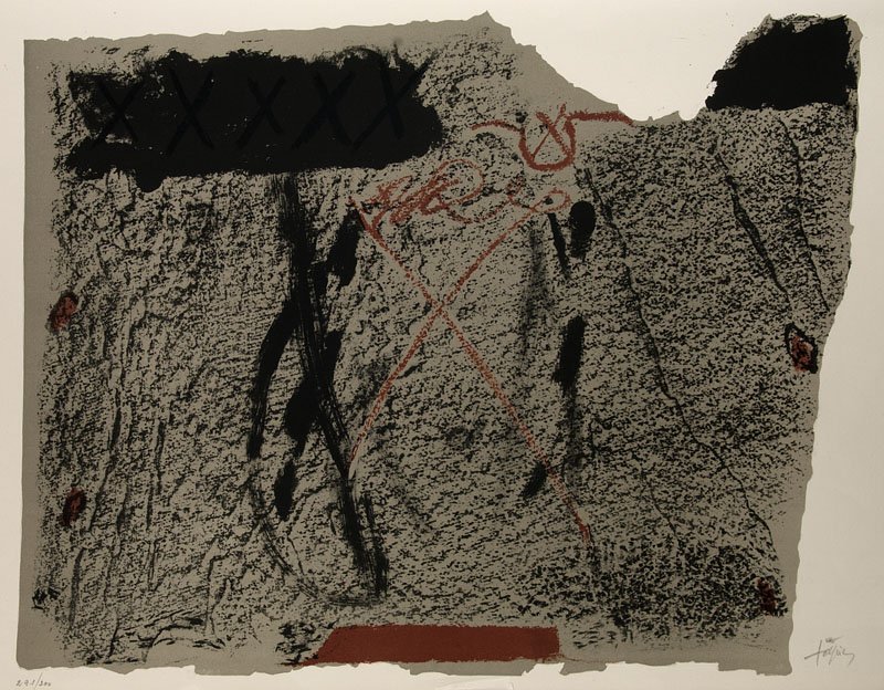 Tàpies, Antoni o.T. 1962. Farblithographie auf: Tàpies, Antoni Colour lithograph on Guarro laid paper (with watermark). Signed and numbered. - Margins partly with crease marks. Lower edge with short tear and compression of paper. - One of 300 copi