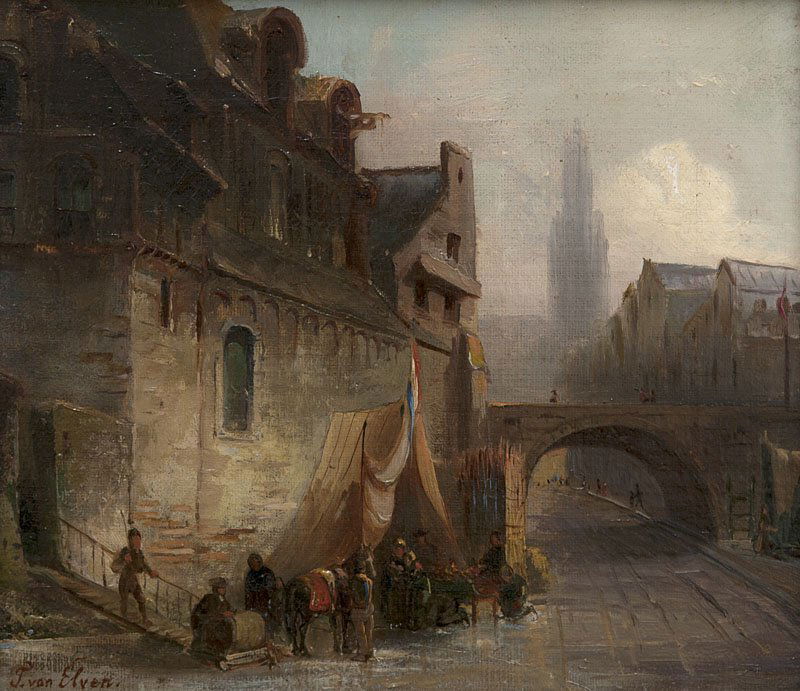 Elven, Paul Tétar van Vor der Stadt. Öl auf Leinwand.: Elven, Paul Tétar van Oil on canvas. Signed. - In decorative wooden frame with stucco. With restored spot at upper right corner. Vor der Stadt. Öl auf Leinwand. 25 x 29,5 cm. Signiert. - Dekorativ i