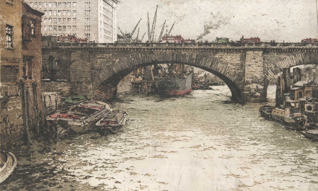 Kasimir, LuigiLondon Bridge. Original Farbradierung. Um: Kasimir, Luigi Orig. col. etching. - Punctually mounted on thin cardboard. - Numbered, signed and entitled. - Occ. minimally stained. London Bridge. Original Farbradierung. Um 1918. Punktuell auf dün