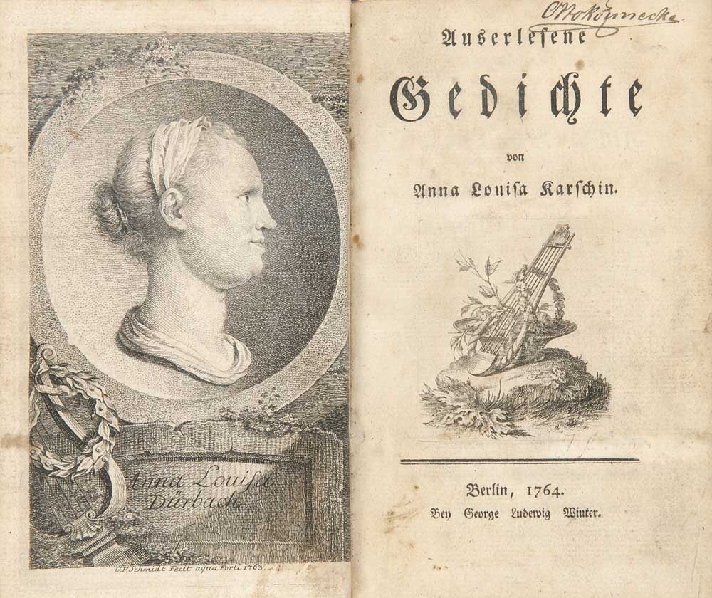 Karschin, Anna Luisa Auserlesene Gedichte. Mit gestoch.: Karschin, Anna Luisa Auserlesene Gedichte. Mit gestoch. Porträt von G. F. Schmidt, Titelvignette u. 14 gest. Kupfervignetten v. J. W. Meil u. zahlr. Holzschn.-Vignetten. Berlin, G.L. Winter, 1764. XL