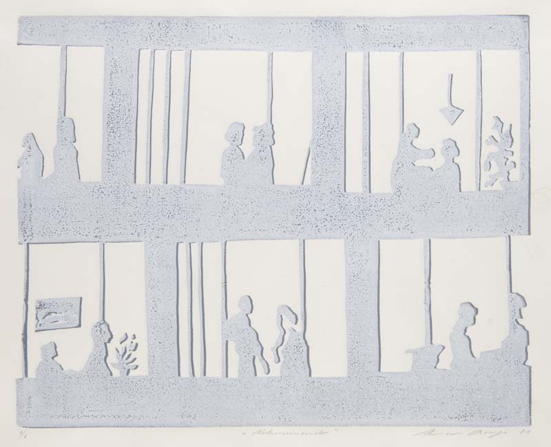 Berges, Werner Nebeneinander. 1981. Holzschnitt in: Berges, Werner Nebeneinander. 1981. Holzschnitt in Graublau und Weiß auf Hahnemühle-Bütten. 30 x 38 cm (53 x 78,5 cm). Signiert, datiert, betitelt und nummeriert. - An den oberen Ecken auf Unterlag