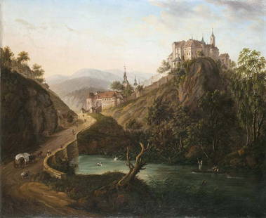 Schütz, Christian Georg II - zugeschrieben See mit: Schütz, Christian Georg II - zugeschrieben Attributed to Christian Georg Schütz II. - Probably Burg Eltz in Rhineland. - Oil on canvas (doubled). - Unframed. With craquele, partly retouched and rest