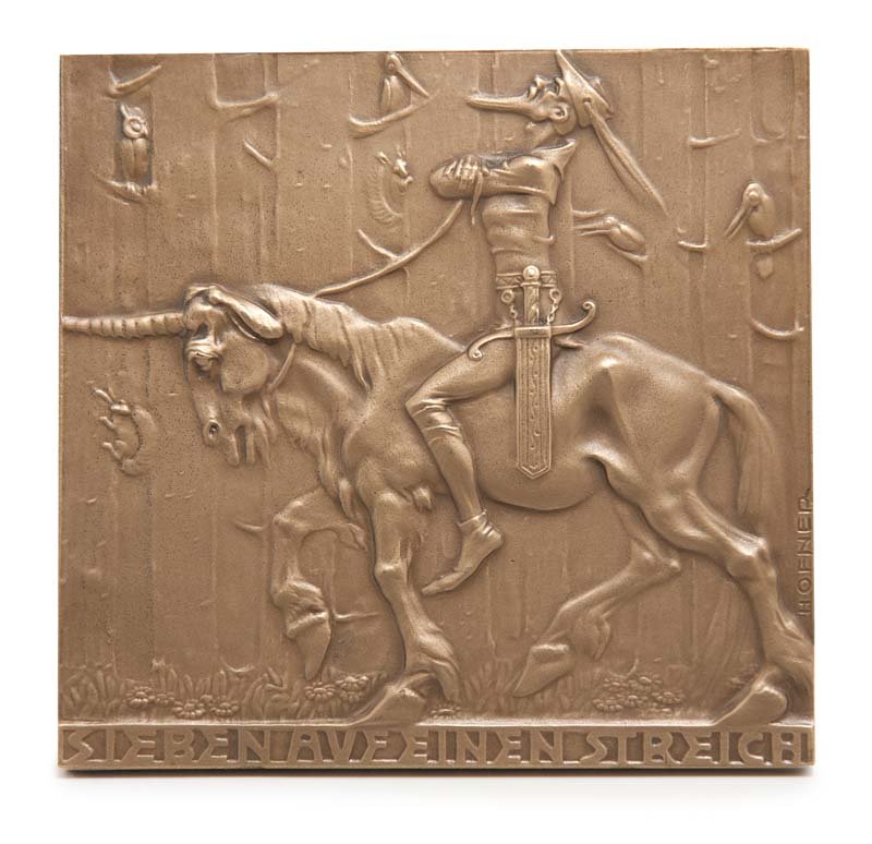 Sammlung von 6 Plaketten mit Figuren aus der deutschen: Sammlung von 6 Plaketten mit Figuren aus der deutschen Mrchen- und Sagenwelt. Bronze. 4,3 x 5,4 cm bis 6,2 x 16,5 cm. Enthlt: Hbner, Till Eulenspiegel. - Karl Perl, Der Rattenfnger von Hameln. - A. Ha