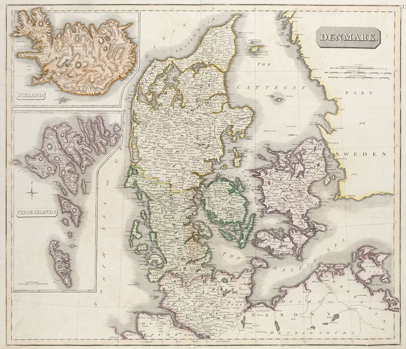 Denmark (mit den Nebenkarten Iceland u. Faroe Islands.: "Denmark (mit den Nebenkarten Iceland u. Faroe Islands. Kol. Kupferstichkarte. Von John Thomson 1814. Plattenmaße ca. 52 x 609 cm. Aus: Thomson J. A New General Atlas (Edinburgh) 1814. - Mit Mittelfa