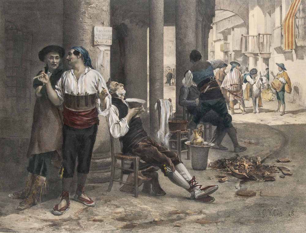Loo, Florimond van Le Barbier Ambulant. Handkol.: Loo, Florimond van Le Barbier Ambulant. Handkol. Lithographie nach J.G. Vibert. 19 Jh. In der Platte signiert. 34 x 45 cm. Unter Passepartout u. Glas gerahmt (Rahmenmaße ca. 60 x 69,5 cm). Minimal ge