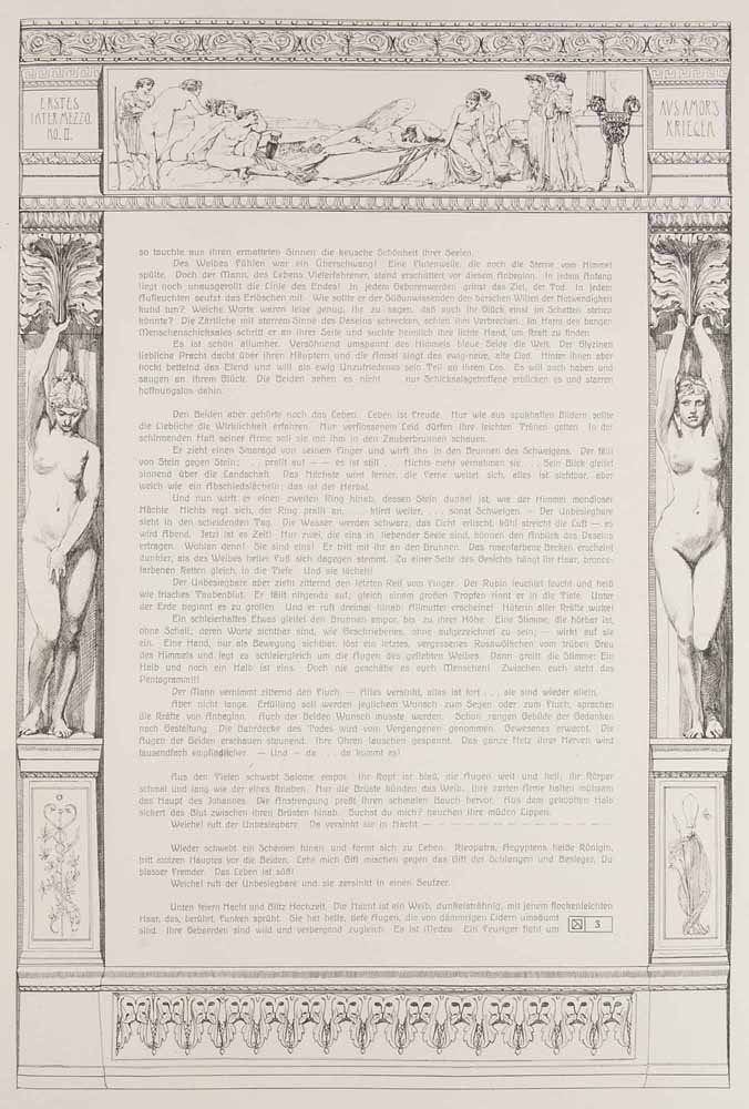 Asenijeff, Elsa Epithalamia. Mit Umrahmungen in: Asenijeff, Elsa Epithalamia. Mit Umrahmungen in Federzeichnung von Max Klinger. Berlin, Amsler u. Ruthardt, 1907. 17 (lose) Bll. Imp.-Folio. OLwd.-Mappe (Gelenke mit kleinen Läsuren, leicht fleckig).