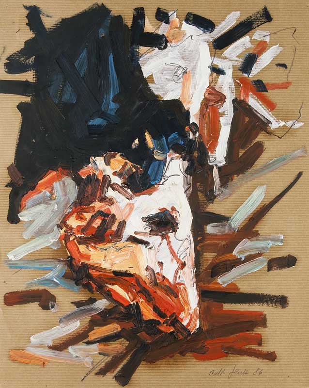 Fleck, Ralph Schlachthofbild (Schafkopf). 1986. l auf: Fleck, Ralph Schlachthofbild (Schafkopf). 1986. l auf Packpapier. 50 x 40 cm. Signiert und datiert. - Leicht lfleckig. In den Ecken mit winzigen Lchlein von Reizwecken.Ralph Fleck studierte von 1973