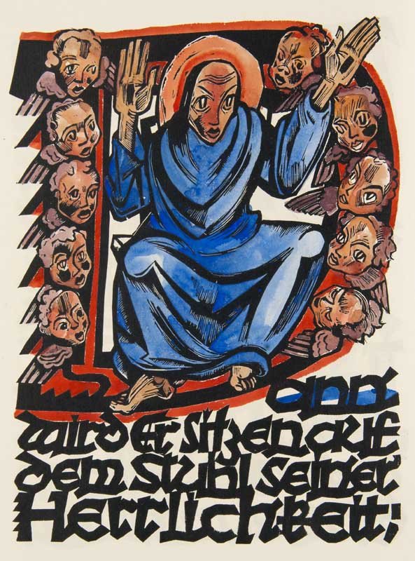 Orlowski, Das jŸngste Gericht: Orlowski, Hans Das jŸngste Gericht. Mit 6 blattgr. sign. Holzschnitten, 1 gr. handkolorierten bewohnten Initiale u. weiterem teils handkoloriertem Schriftschnitt von Hans Orlowski. Berlin, Wendekreis