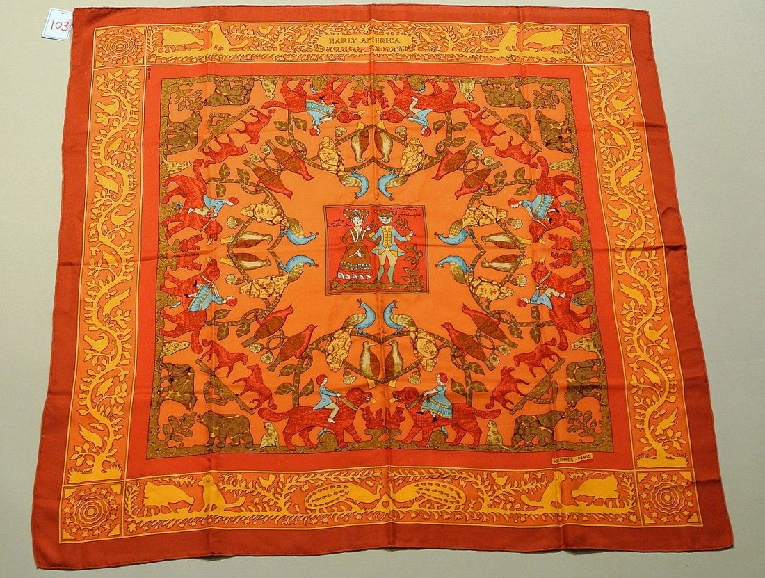 HERMES Paris "Early America" by Françoise de La Perrièr: HERMES Paris "Early America" by Françoise de La Perrière Brick silk scarf (very good condition) Carré en soie brique (très bon état)