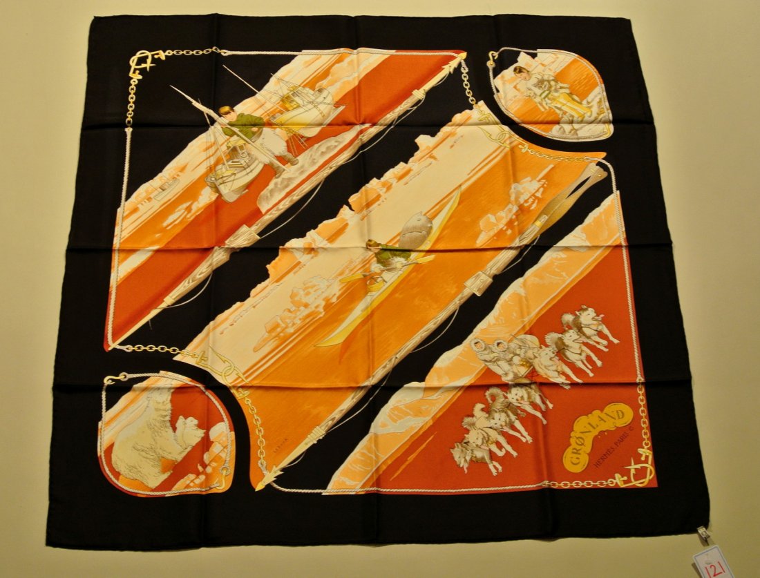 HERMES Paris "Gronland" by Philippe Ledoux Black silk s: HERMES Paris "Gronland" by Philippe Ledoux Black silk scarf (very good condition) Carré en soie noire (très bon état)