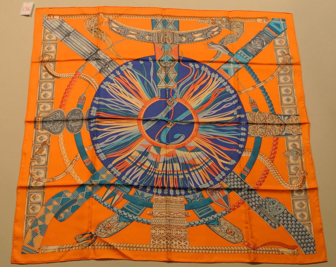 HERMES Paris "Ceintures et Liens" by Laurence Toutsy Bo: HERMES Paris "Ceintures et Liens" by Laurence Toutsy Bourthoumieux Orange silk scarf (very good condition) Carré en soie orange (très bon état)