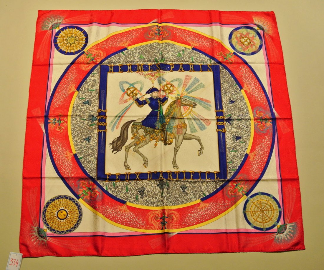 HERMES Paris "Feux d'Artifice" by Michel Duchene Red da: HERMES Paris "Feux d'Artifice" by Michel Duchene Red damask silk scarf (used feeling, stains) Carré en soie façonnée rouge (taches)