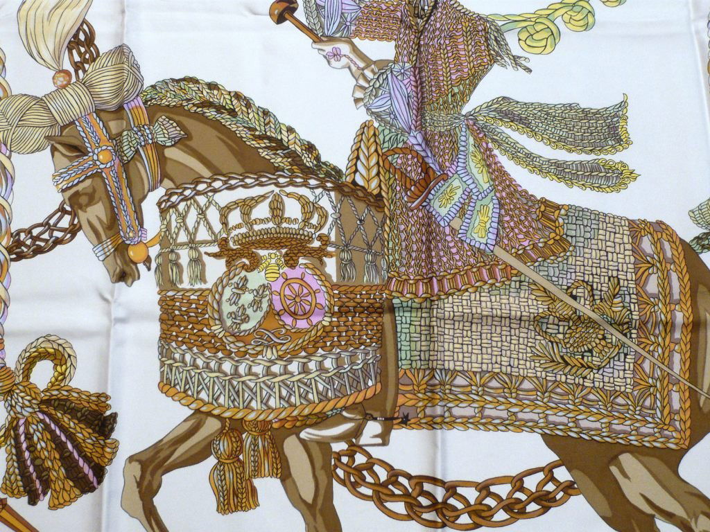 HERMES Paris "Le Timbalier" by Françoise Héron Pink sil: HERMES Paris "Le Timbalier" by Françoise Héron Pink silk scarf (good condition) Carré en soie rose (bon état)