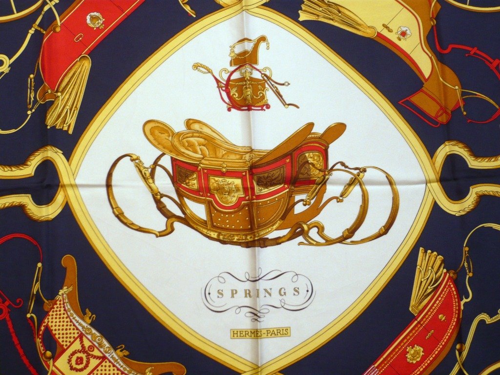 HERMES Paris "Springs" by Philippe Ledoux Blue silk sca: HERMES Paris "Springs" by Philippe Ledoux Blue silk scarf (good condition) Carré en soie bleue (bon état)