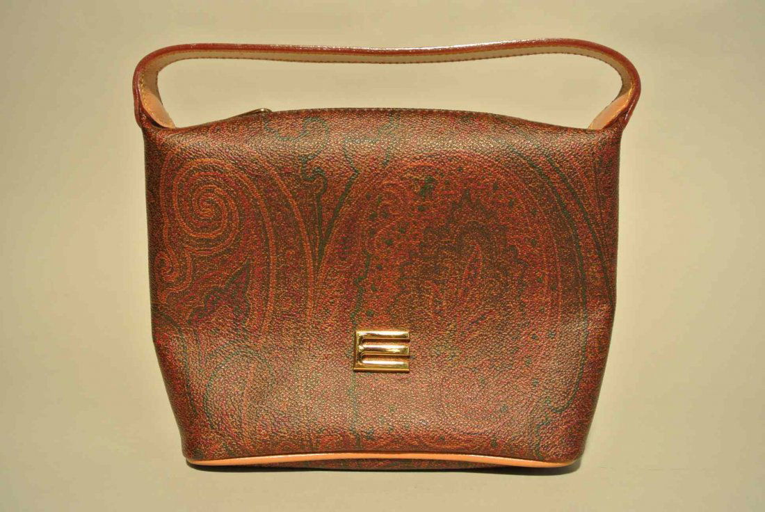 ETRO Milano Petit sac à main en cuir naturel et toile e: ETRO Milano Petit sac à main en cuir naturel et toile enduite à motif cachemire - Longueur : 18 cm - Length : 7 in. (très bon état/very good condition)