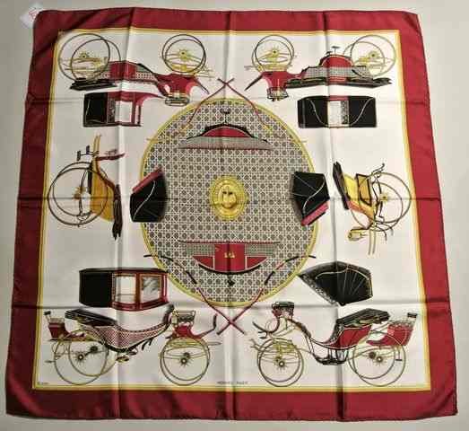 HERMES Paris "Les Voitures à Transformation" by Françoi: HERMES Paris "Les Voitures à Transformation" by Françoise de la Perrière Burgundy silk scarf (good condition) Carré en soie bordeaux (bon état)