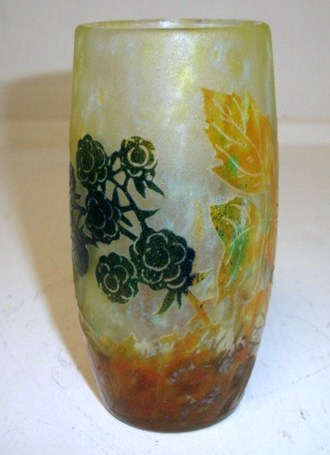 Daum Nancy Cameo glass vase: 5 3/4" tall with 3 colors of flowers including black