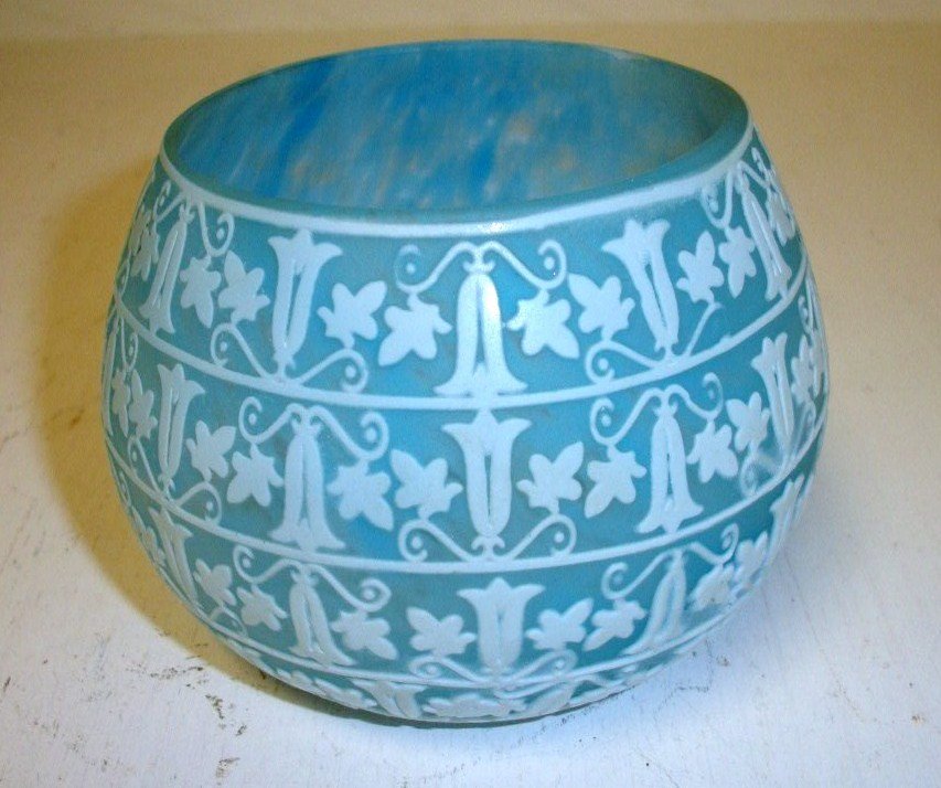 English Cameo Glass vase: 3 1/4" tall blue with white cameo design attr to T. Webb