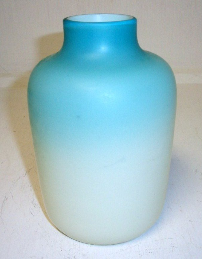 Stroubrige Satin glass Vase: 7" tall blue to white mat finish satin glass vase. attr to Stroubridge maker...possibly Webb