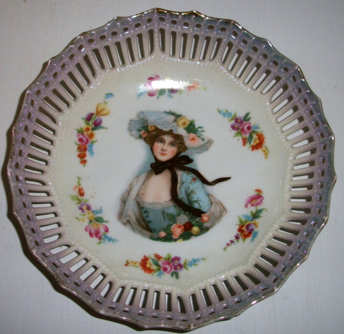Gibson girl portrait plate: 8 1/2" dia signed germany reticulated porcelain