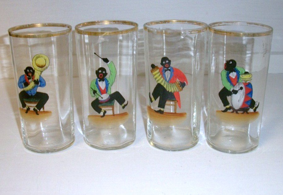 Black Musician drinking glasses: 5" tall set of 4 drinking glasses with enamelled African-American musicians