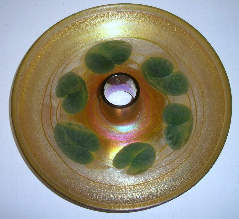 Tiffany Gold Favrile Bowl: 11 1/2" dia Intaglio cut leaves gold favrile bowl signed Tiffany 2417