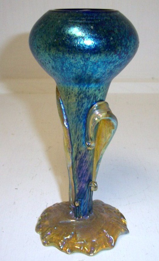 Loetz Shell vase with applique: 6 1/4" blue shell vase with gold base and applique unsigned attr to Loetz