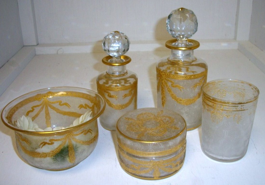 8 Piece French Dresser set: 7" tallest piece w/stopper. Chipped ice or cameoed ice design with gold accents. Unsigned attr to Val St Lambert