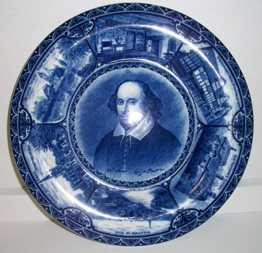 Flow Blue Shakespeare plate: 10" flow blue Shakespeare portrait plate signed Stafforshire on Avon