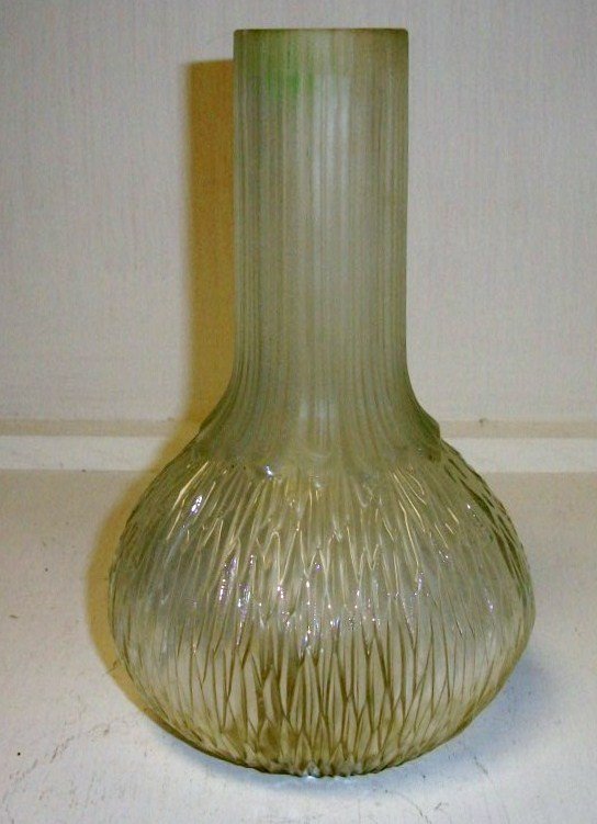 French Art Glass Vase: 9 1/2" tall treebark pattern frosted white vase. Unknown maker signed with embossed Fluer de leis