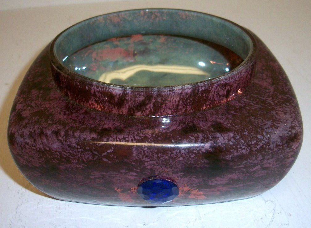 Daum Nancy Squatty Vase: 3" tall 5 1/2" diameter aventurine glass with applied jewels signed Daum Nancy France