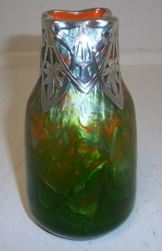 Loetz Titania Silver Overlay Vase: 5 1/2" tall Loetz Titania silver overlay vase. Green with orange interior polished pontil