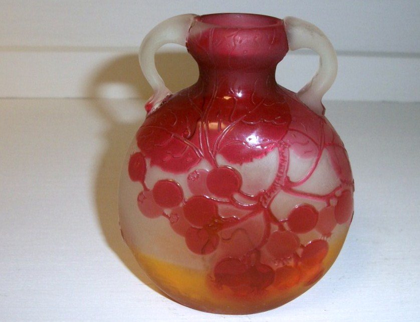 Galle Cameo Glass Vase: 4" Galle cameo cabinet vase red cherry motif signed Galle