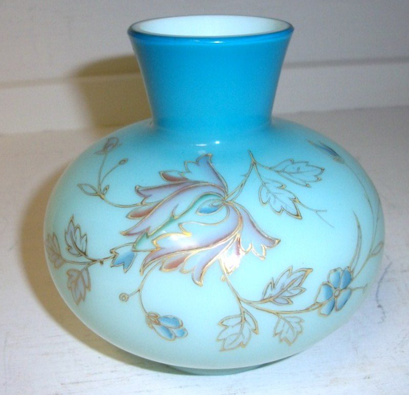 Thomas Webb Enamelled Vase: 4 1/2" blue to cream art glass vase with floral enamelling unsigned attributed to Thomas Webb