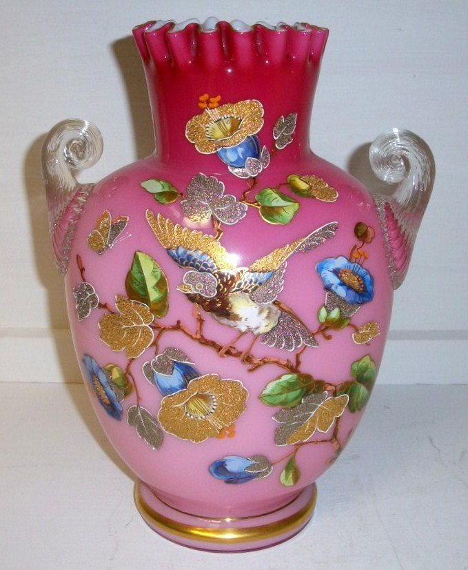 Large Enamelled Thomas Webb Vase: 10 1/2" peachblow colored vase with heavily enamelled bird and floral motif Signed Thomas Webb and Sons