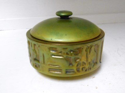 Zsolney Pottery Covered Box: 3 3/4" tall 4 1/2" dia covered box. Zsolney iridescent green glaze with chariot motif Signed Zsolney