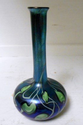 Tiffany Blue Favrile Hanging Heart Vase: 6 1/4" tall blue favrile vase with green and white hanging heart decore polished pontil signed Tiffany