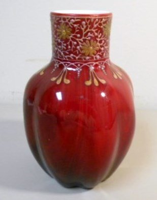 Loetz Karneol Vase: 7" tall with stunning red marble effects and heavy enameling on collar. Beautifully polished pontil showing a snow white interior casing.