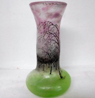 French Cameo Rain Vase: 7 1/4" tall French Cameo glass rain vase. Black trees blowing in a rain storm set against a pink clouded sky and green pasture. Highly polished pontil signed with acid France on base.