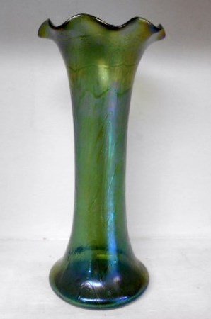 Loetz of Austria Vase: 11 1/2" tall green iridescent vase. Signed on highly polished pontil Loetz Austria.