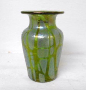 Loetz of Austria Cabinet Vase: 3 1/2" tall green with silver iridescent décor. Polished pontil. Unsigned attributed to Loetz of Austria.